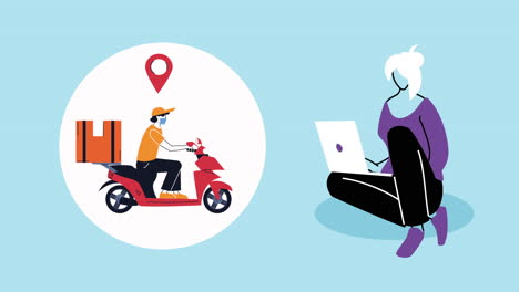 courier in motorcycle and woman using laptop delivery service animation