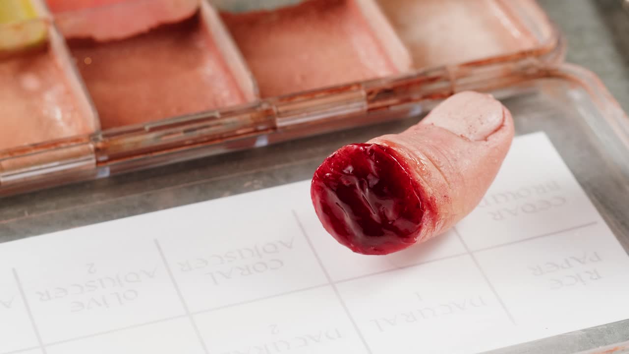 A rubber fake finger with blood close-up. Make-up equipment props for films and shooting. Bloody fake fingers for halloween and parties