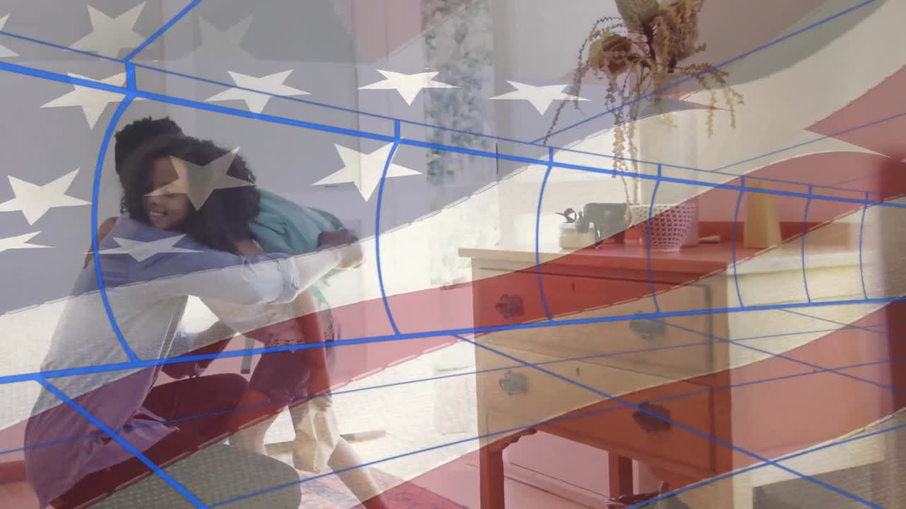 animación de formas y padre afroamericano con hija abrazando la bandera de los ee.uu.