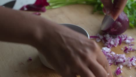 Zoom-in-shot-adding-chopped-red-onions-to-a-bowl-special-ingredients-to-cook-a-meal-two-cans-of-beans-rice-plantain-avocado-red-onion-and-cilantro