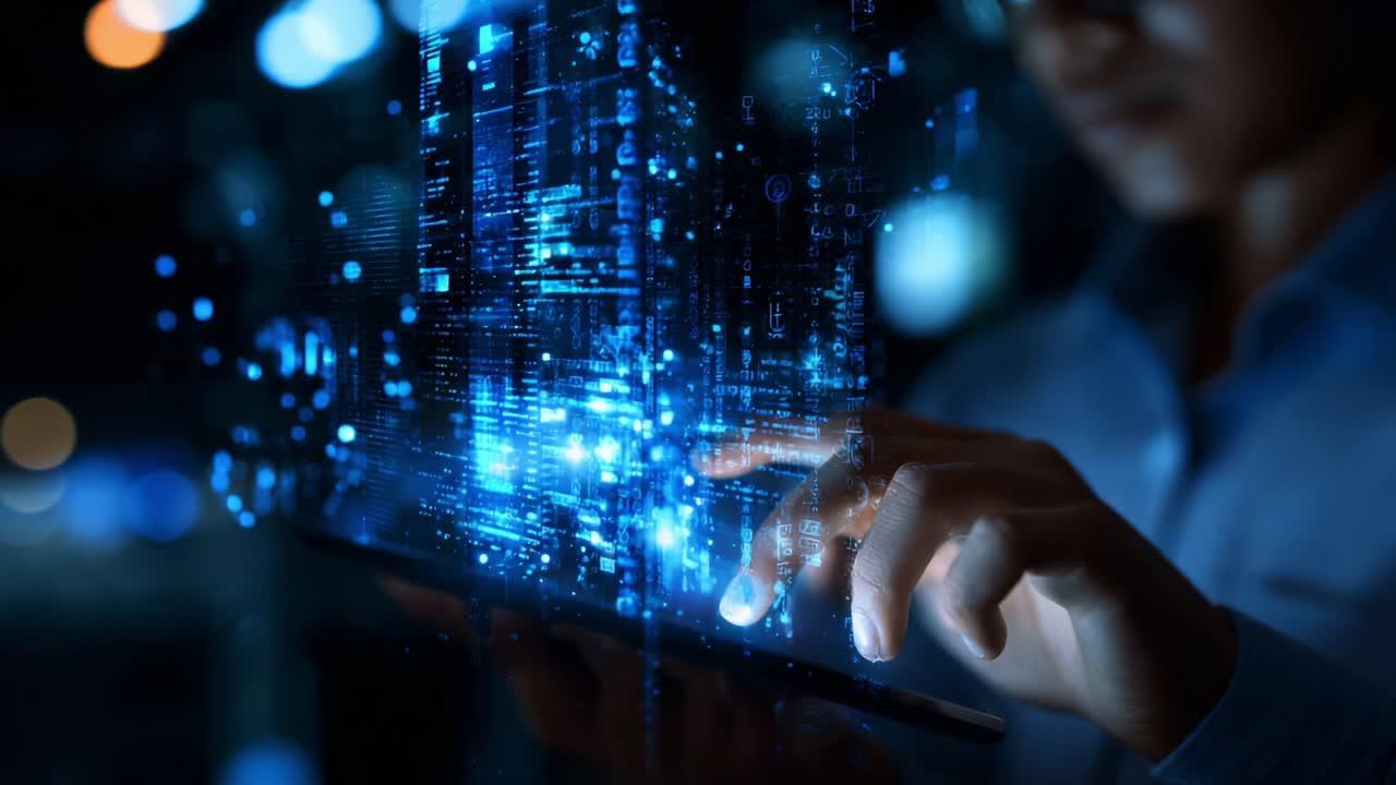 Exploring the Digital Frontier: A Glimpse into the Intersection of Technology and Automation as a User Interacts with an Innovative Interface Displaying Data Visualization and Cybersecurity Features