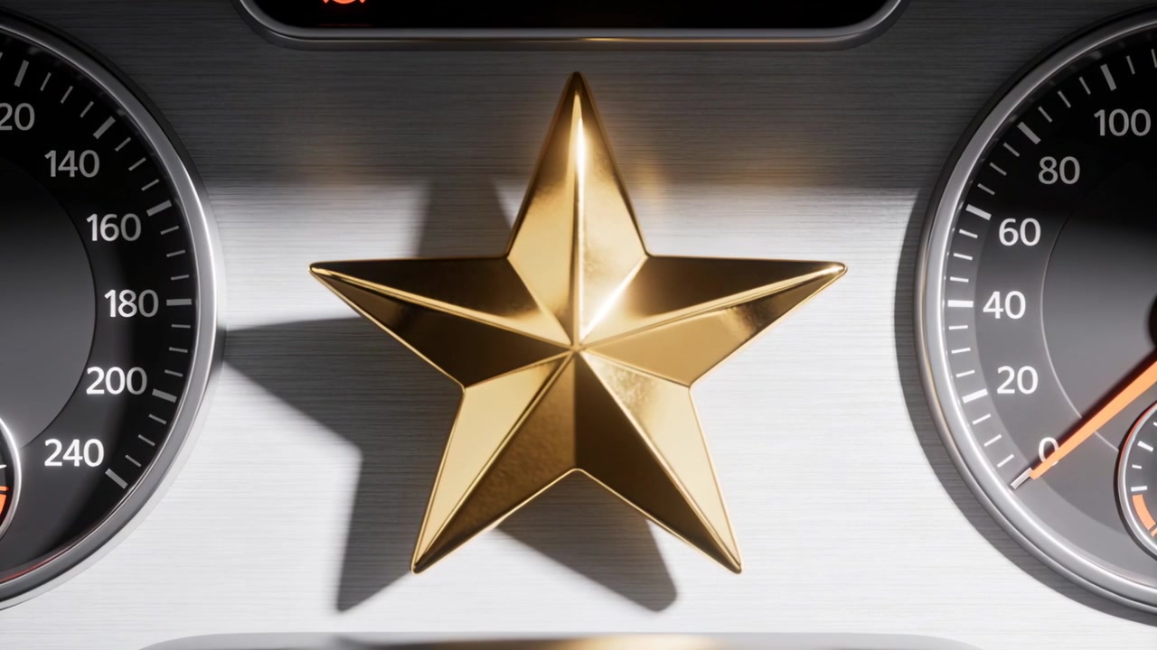 Lichtwechselndes, fünfzackiges Goldstern-Emblem, das auf einem gebürsteten Armaturenbrett glänzt, flankiert von Anzeigen und einer roten Warnleuchte