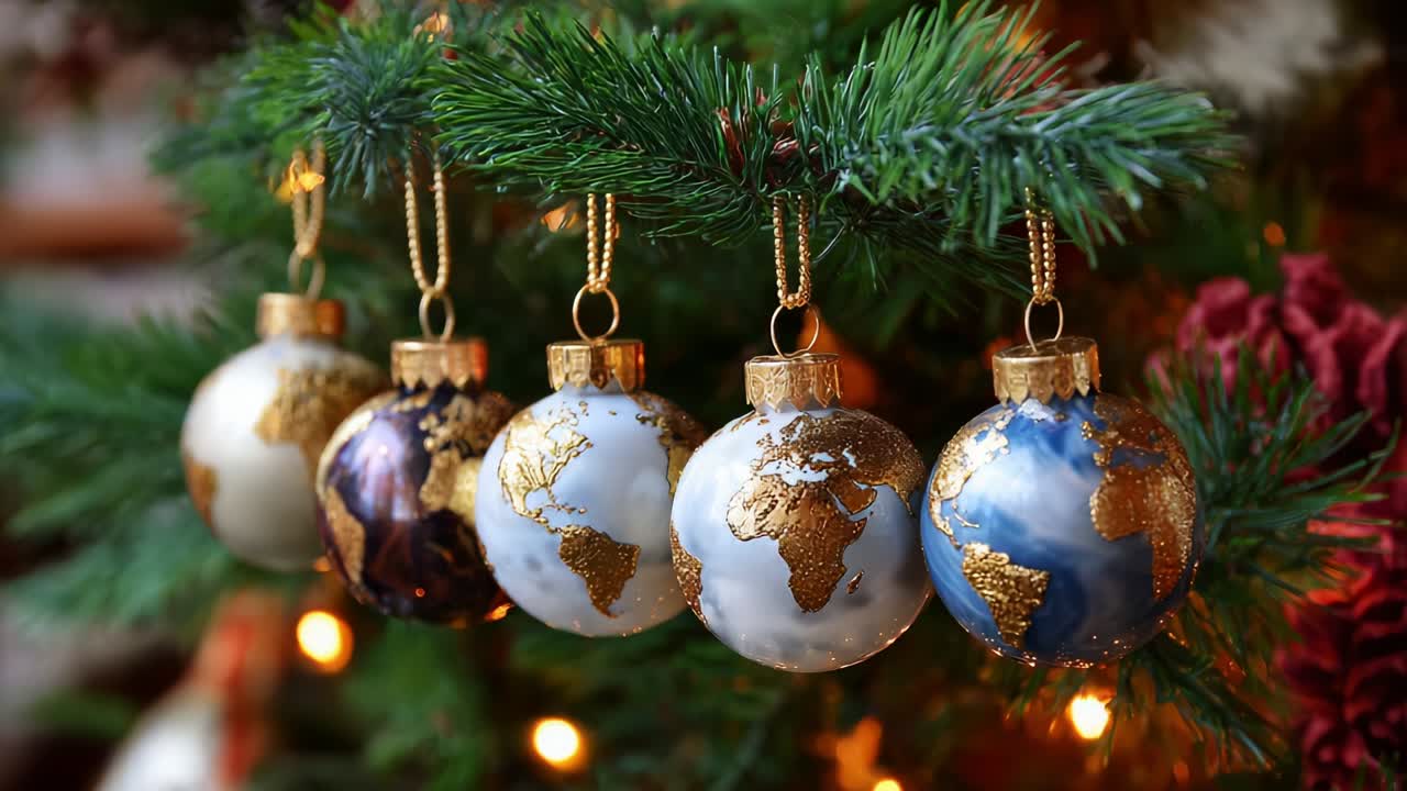 A Beautiful Display of Globally Themed Christmas Ornaments Hanging From a Pine Tree, Featuring Intricately Designed World Maps in Elegant Colors and Finishes That Celebrate the Holiday Spirit