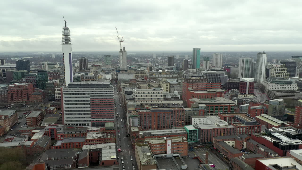 An aerial view of Birmingham City Centre in the UK.  The view is over the famous Jewellery Quarter with the Telecom Tower on the skyline.
