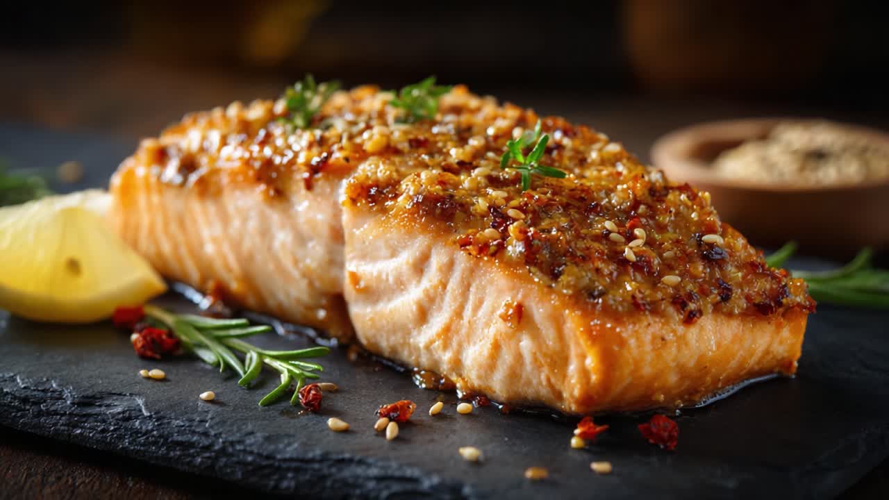 Deliciously Cooked Salmon Fillet with a Golden Crust, Garnished with Fresh Herbs and Lemon, Serving as a Delectable Highlight of Culinary Art