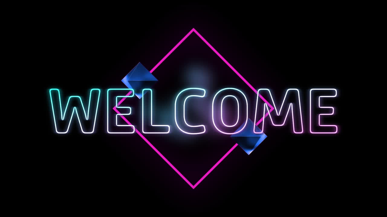 Animation of interference over welcome text and neon shapes on black background