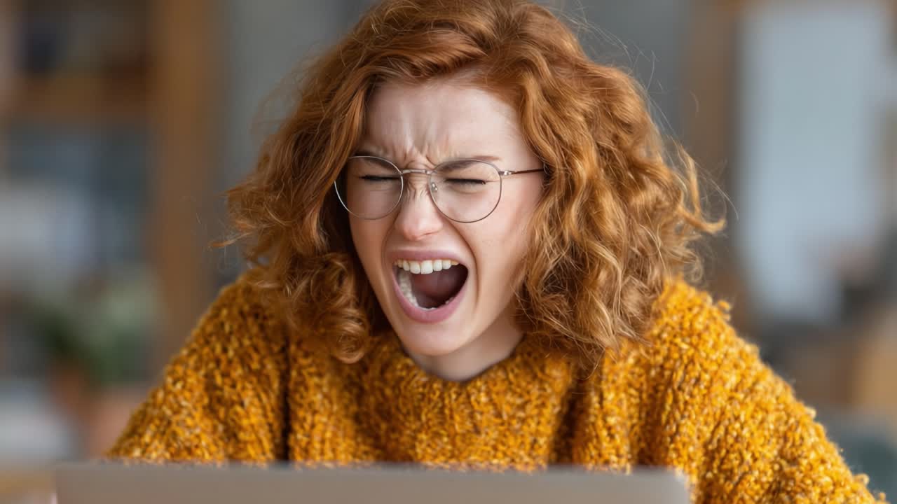 A Frustrated Young Woman Expressing Intense Emotion While Interacting with Her Laptop in a Cozy Indoor Setting, Capturing the Struggles of Technology and Communication