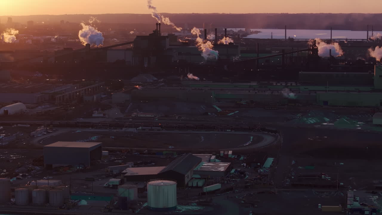 Industrial landscape at dusk in Hamilton, Ontario, Canada