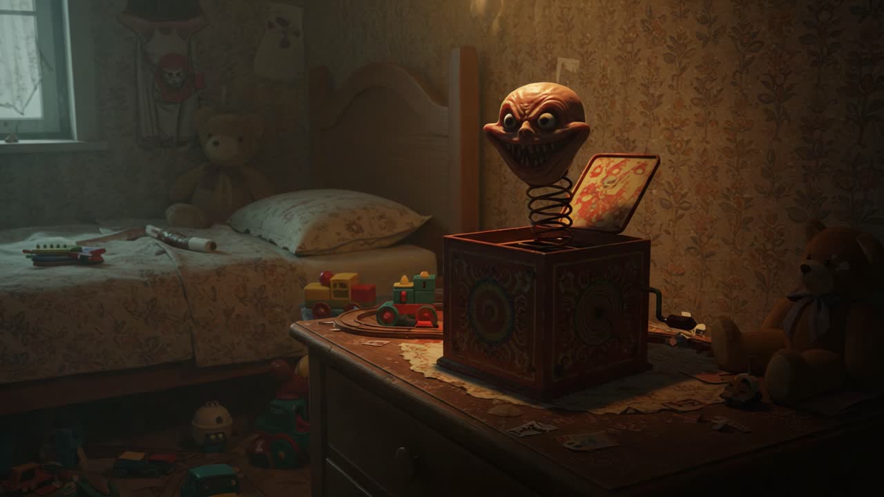 A Sinister Jack-in-the-Box Emerging from Its Colorful Music Box in a Dimly Lit Children's Room Surrounded by Toys and Childhood Memories