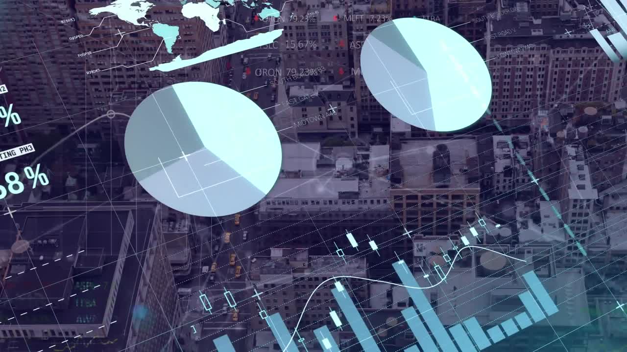animación del procesamiento de datos financieros sobre el paisaje urbano