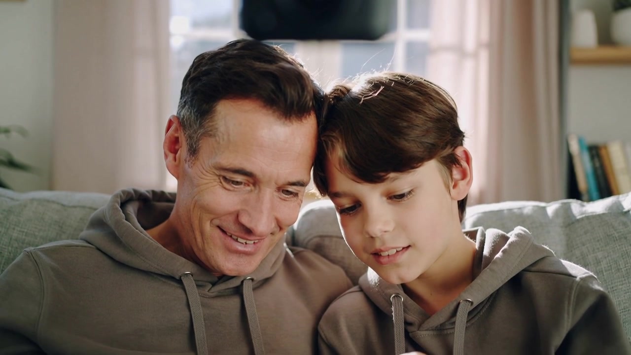 Son starting tapping tablet, dad smiling, watching in hoodies at home for bonding, camera above