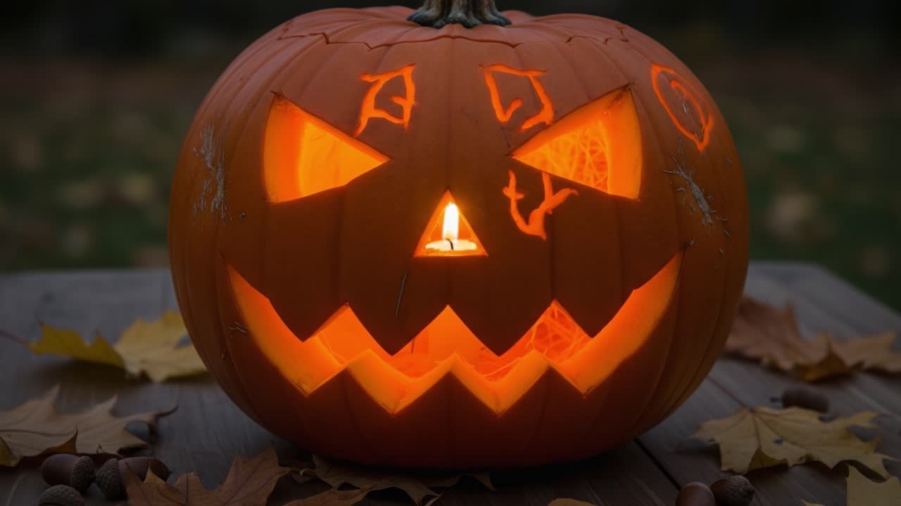 A Spooky Halloween Pumpkin Illuminated at Night with Creative Carvings, Sitting Decoratively on a Table Surrounded by Autumn Leaves and Acorns