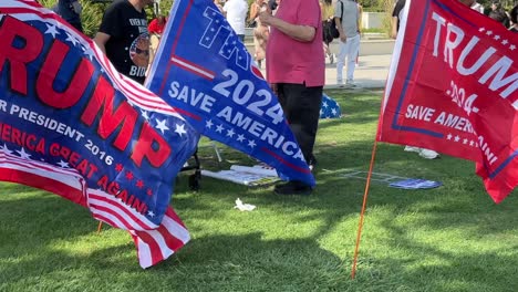 multiple trump and american 2024 flags in a park with people campaigning in support for president