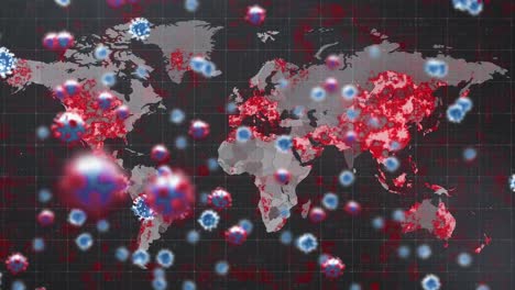 Animación-De-Células-Virales-Girando-Sobre-Un-Mapa-Mundial-En-Llamas