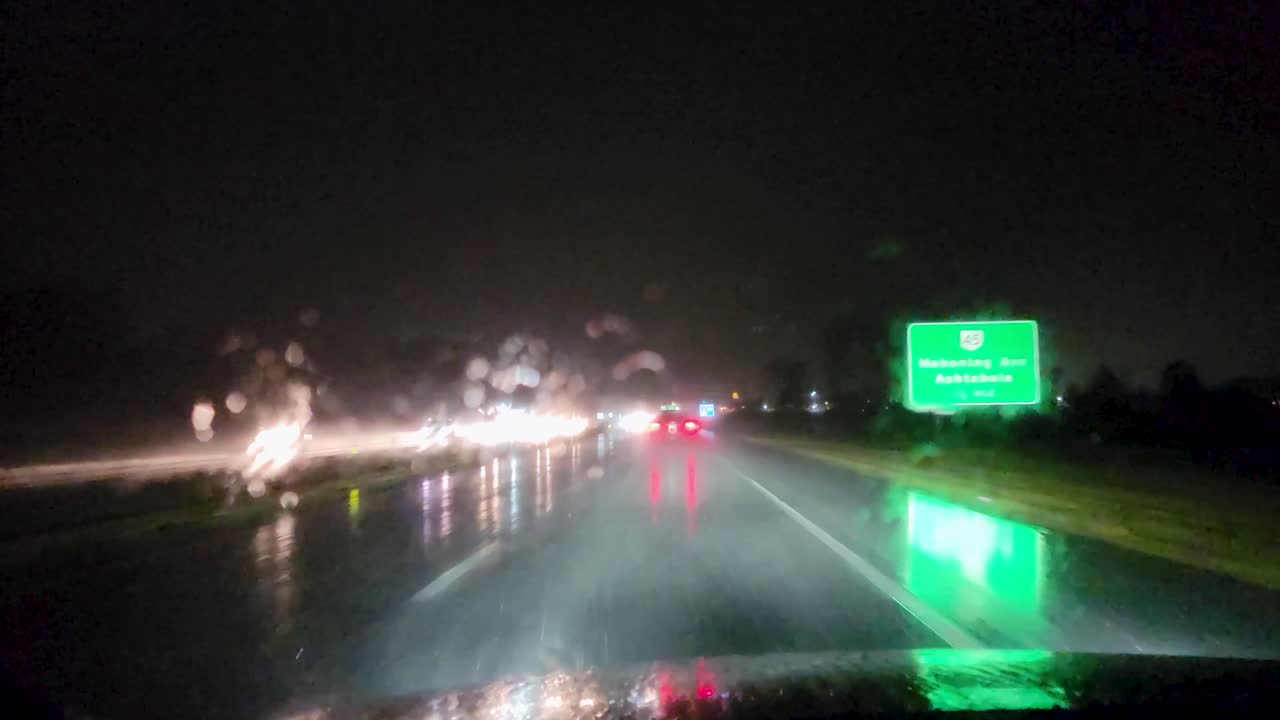 An intense view of a nighttime drive on a rainy highway, with blurred lights reflecting on the wet road. Perfect for content related to night photography.
