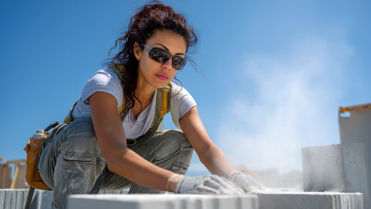 Una trabajadora de la construcción especializada colocando ladrillos y creando una base sólida con luz solar brillante, demostrando su pericia en técnicas de construcción con precisión y concentración