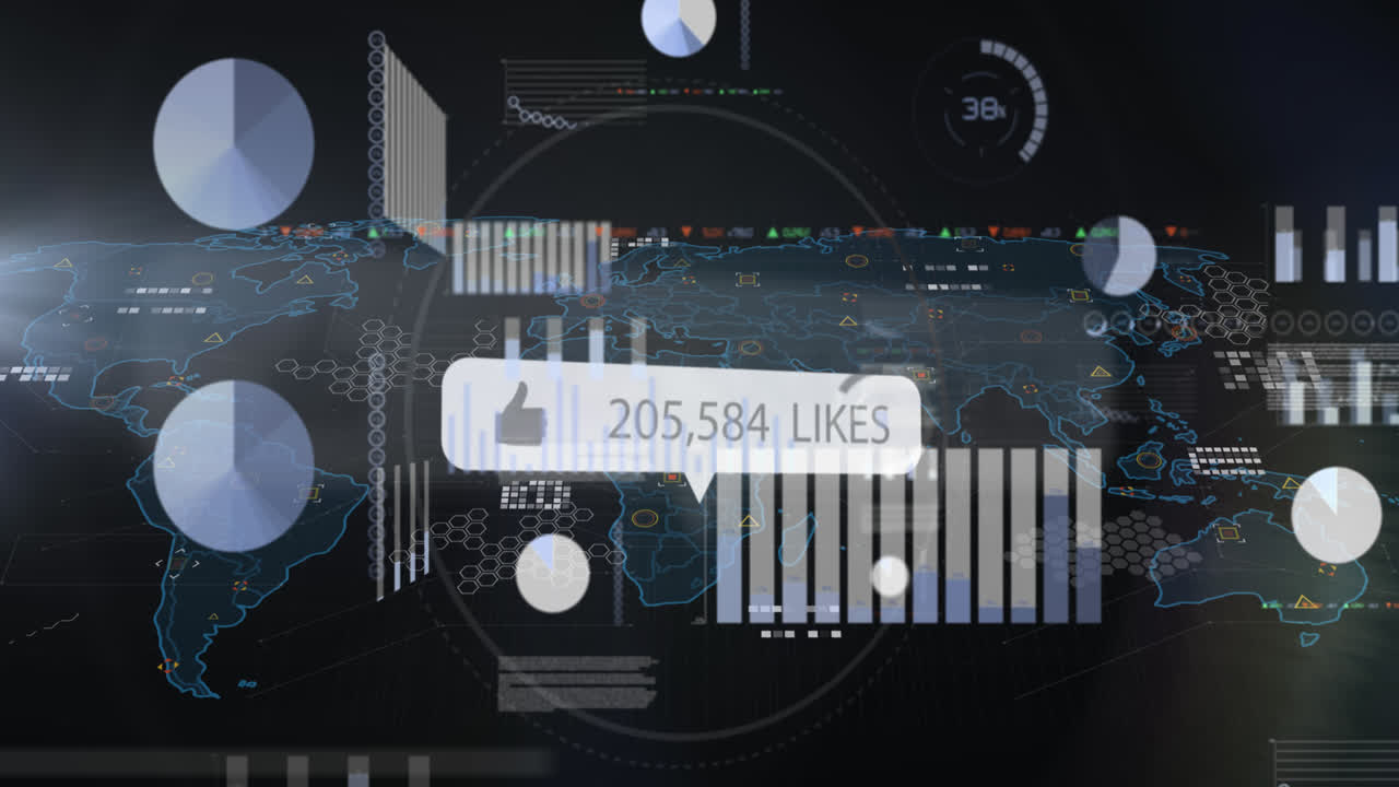 Animation of like icon with increasing numbers over data processing and world map on blue background