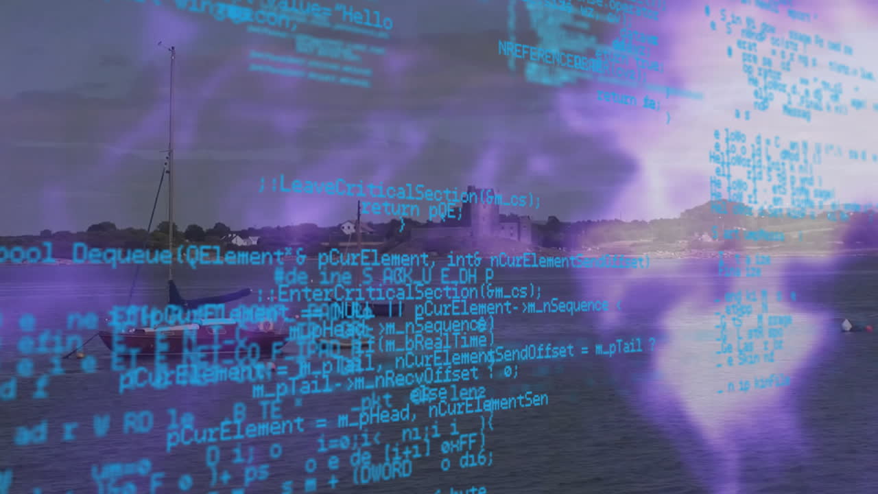 Purple light effects over distant castle with boats floating on calm water