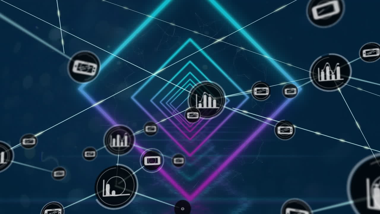 animación de una red de iconos digitales sobre cuadrados concéntricos de neón en un patrón sin costuras.