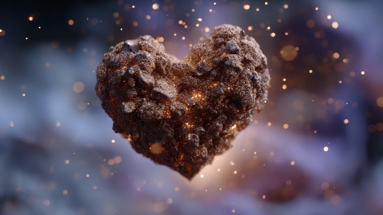 Objeto cativante em forma de coração brilhante, cercado por partículas cintilantes e um plano de fundo enigmático em uma impressionante exibição visual de amor e emoção