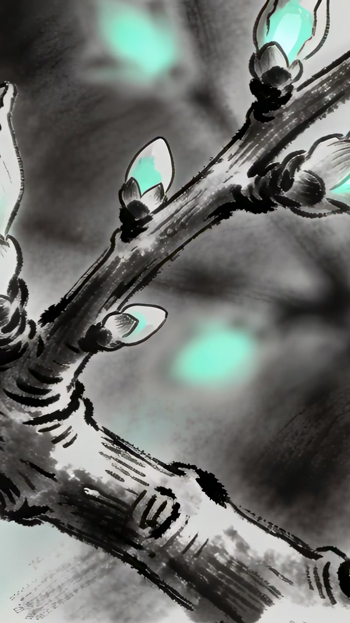 Vertical video: Ink branch sensing teal glow, unfurling buds and emitting particles for design