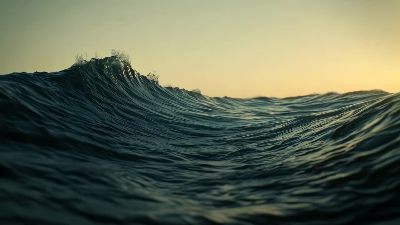 Dramatic low-angle video capture of a massive ocean wave curling at sunset, showcasing the power