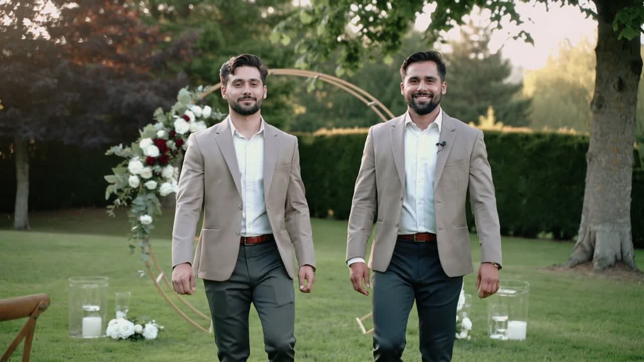 Çim koridorda çiçekli kemere doğru yürüyen, bej blazer ceketli, yaka mikrofonu takmış gülümseyen sağdıçlar