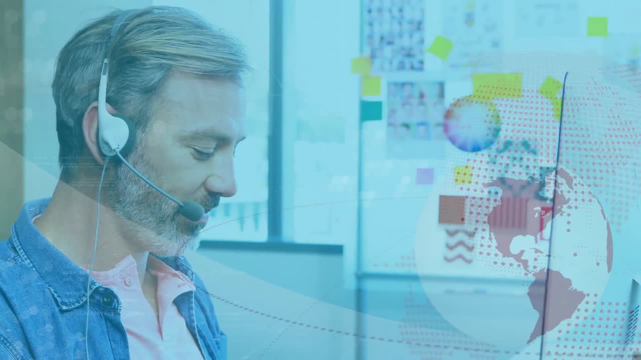 animación de un hombre caucásico con auriculares usando una computadora sobre el globo girando