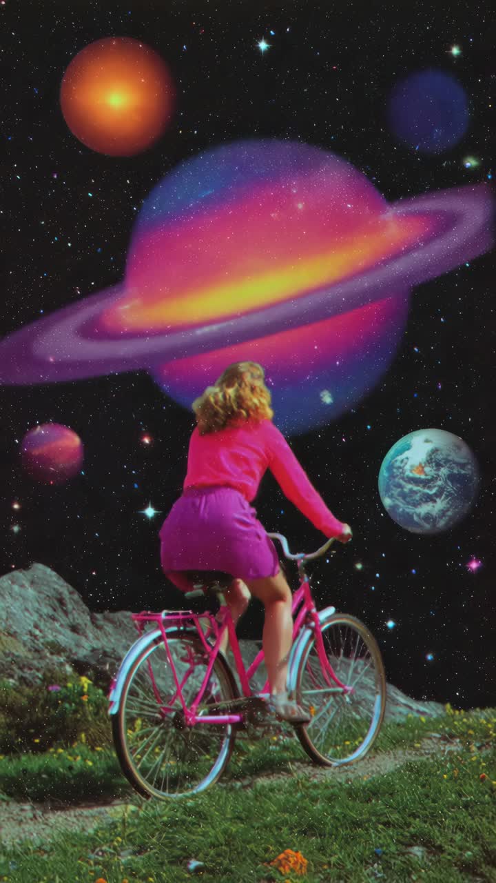 A surreal video concept with a low-angle view of a woman cycling under vibrant, cosmic planets