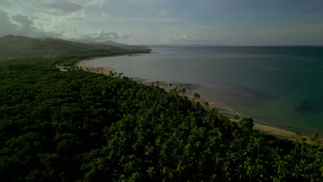 Green-forest,-sand-beach-and-open-ocean-in-Philippines,-forward-aerial