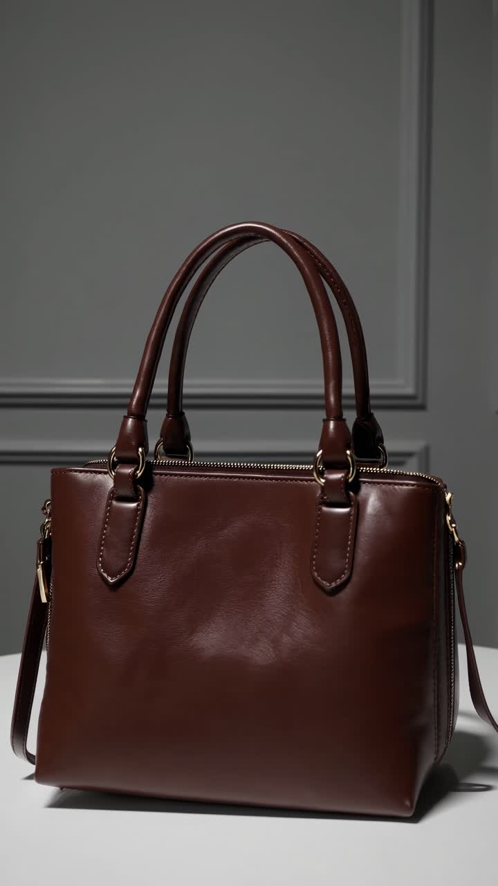 Elegante borsa in pelle marrone su un tavolo rotondo, ripresa da un'angolazione bassa.