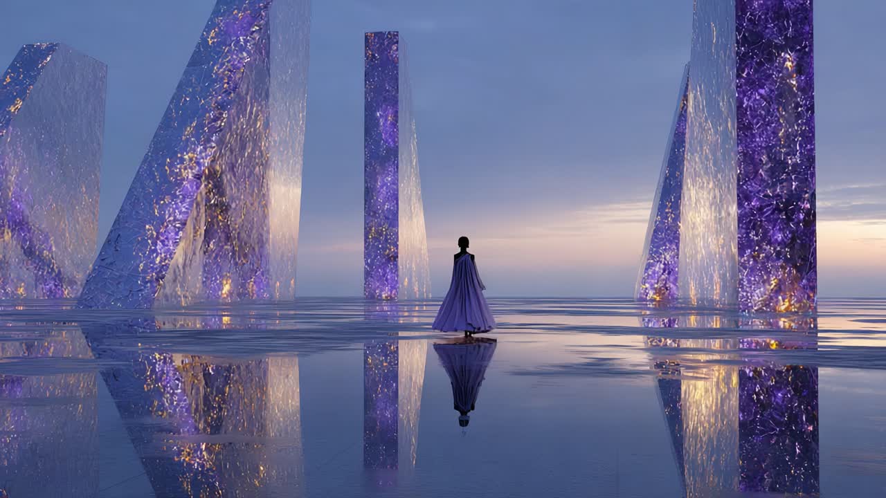A lone figure in a flowing gown stands before towering crystalline structures reflecting vibrant hues, creating a surreal and ethereal atmosphere in a dreamlike landscape