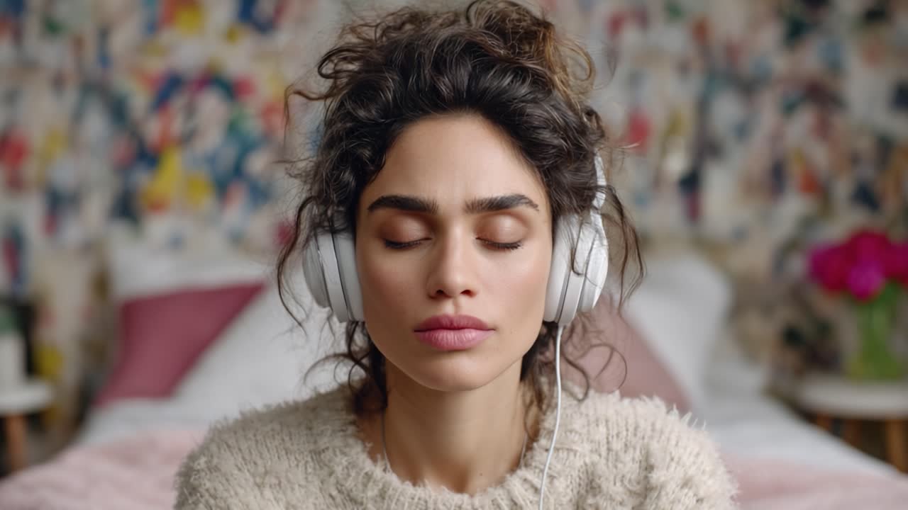 A serene moment of inner peace captured in a cozy bedroom, as a woman enjoys her favorite music with headphones, deeply immersed in relaxation and introspection