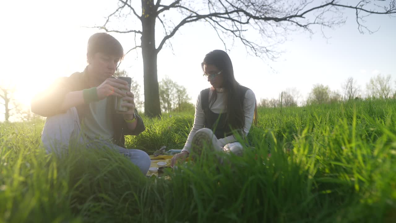 친구 들 이 공원 에서 피크닉 을 즐기고 있다