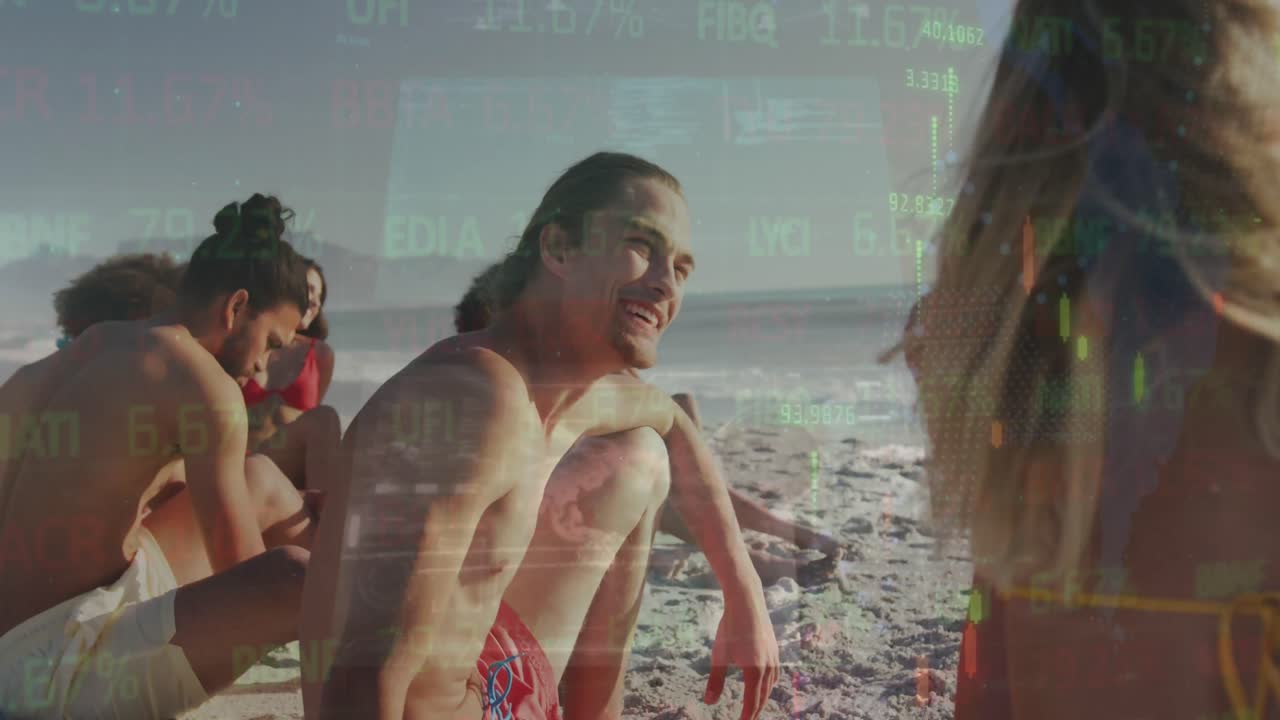 animación del procesamiento de datos financieros sobre amigos en la playa