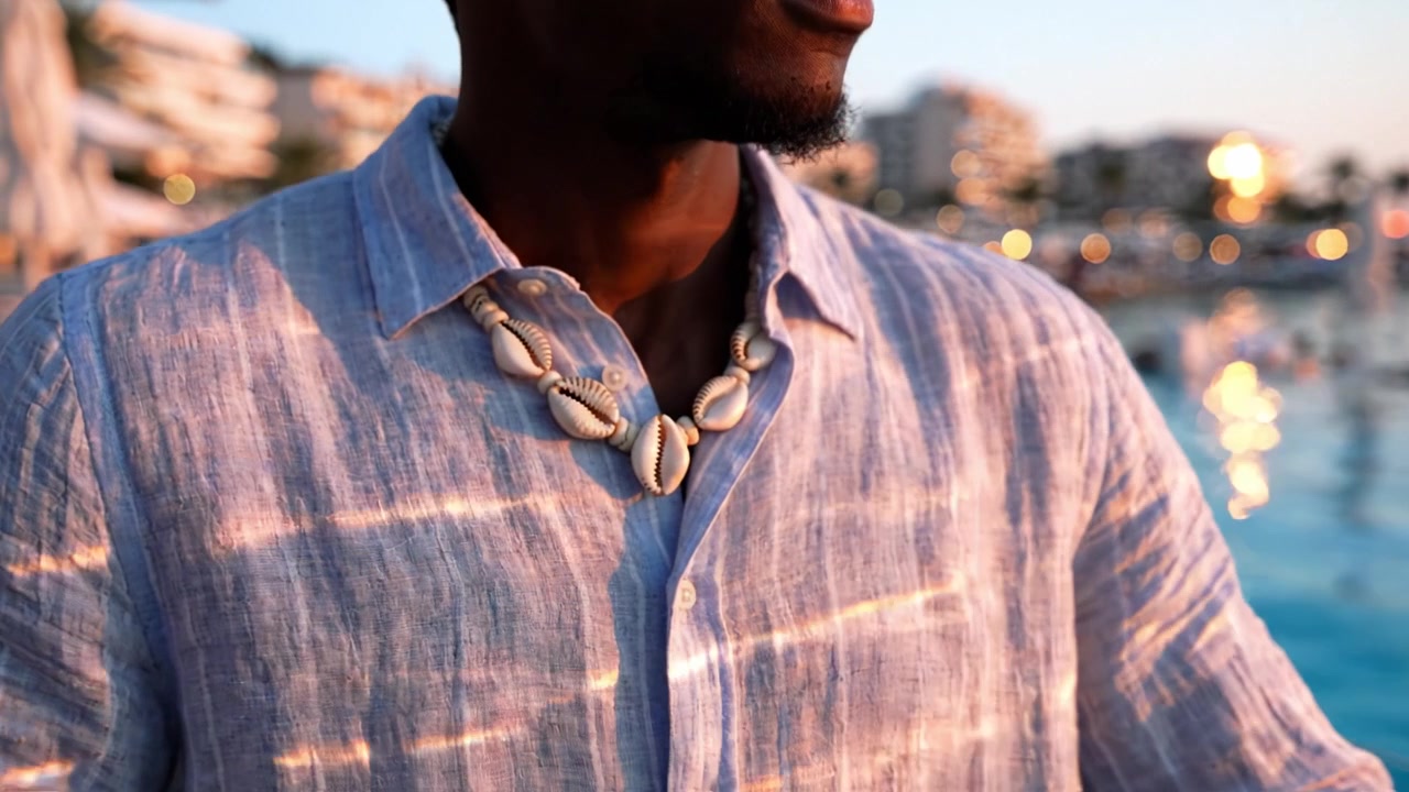 Un uomo pensieroso guarda verso l'orizzonte, adornato con una collana di conchiglie mentre il sole tramonta sulle acque tranquille, riflettendo la bellezza del paesaggio serale.