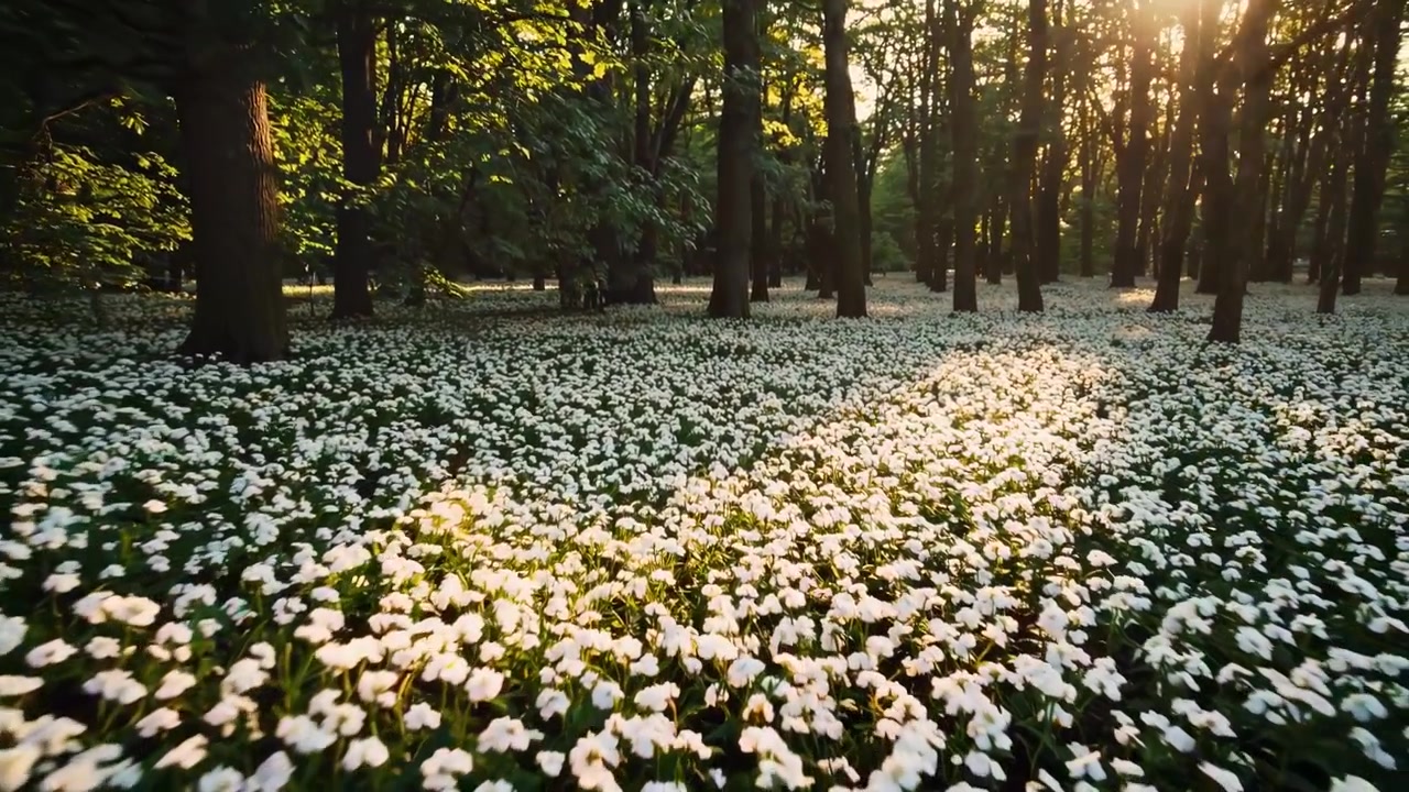 Luce solare che filtra attraverso gli alberi su un campo di fiori selvatici bianchi