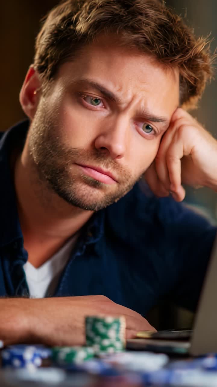 Focused Male Player Analyzing Game Strategy with Poker Chips at Computer in Intense Concentration and Thoughtful Expression, Reflecting on Potential Decisions
