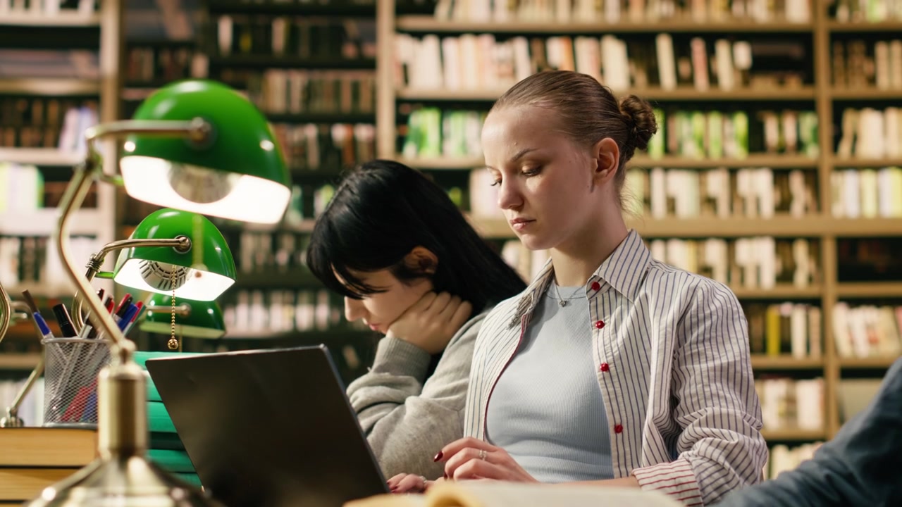Focused student typing and taking notes on laptop for university assignment