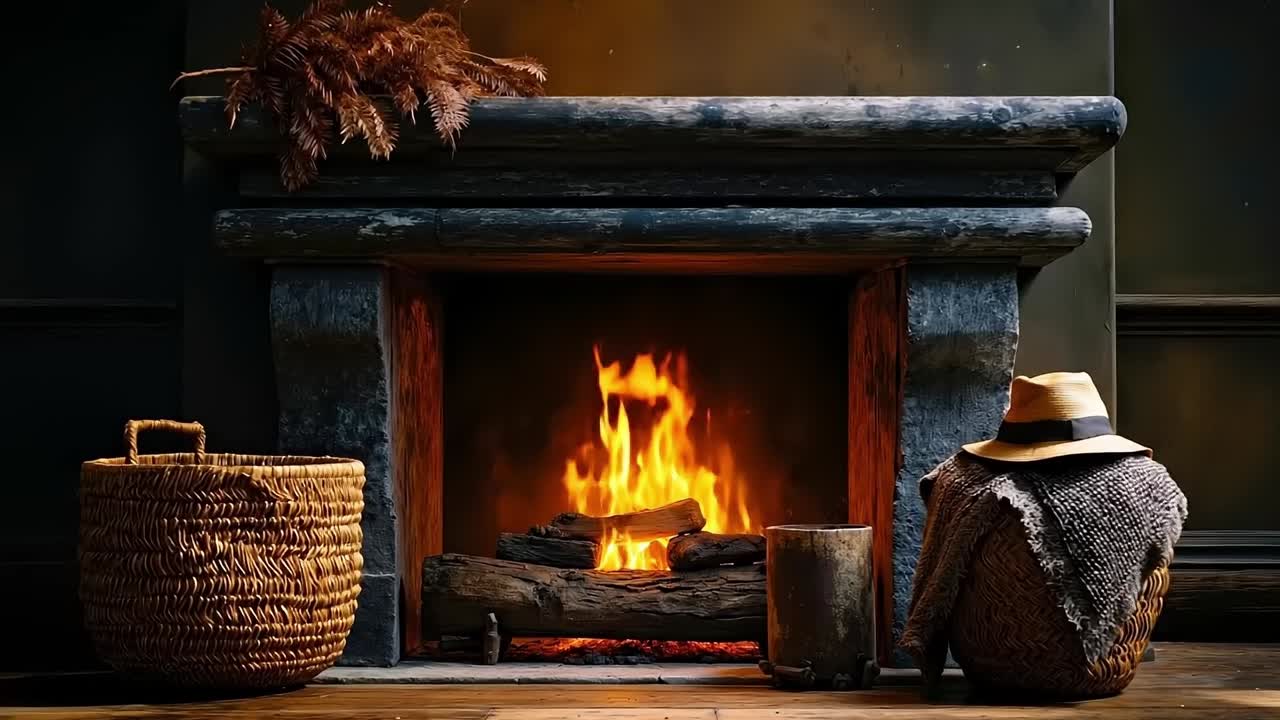 A fireplace with a hat and a basket next to it