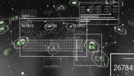 animation of digital icons and interface with data processing against network of connections