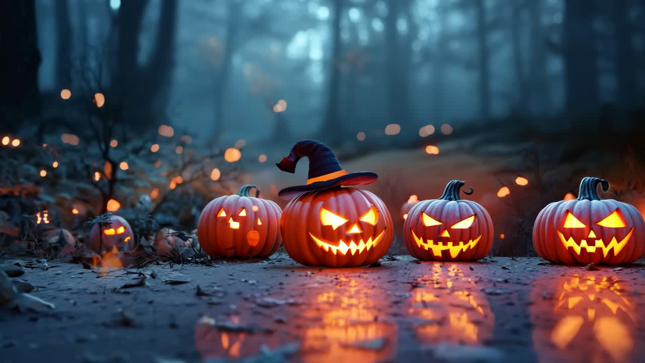 A black witch's hat sits on a table with three pumpkins, all of which have glowing eyes. The scene is set in a forest, with the hat and pumpkins creating a spooky and eerie atmosphere