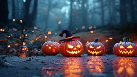a black witch's hat sits on a table with three pumpkins, all of which have glowing eyes. the scene is set in a forest, with the hat and pumpkins creating a spooky and eerie atmosphere