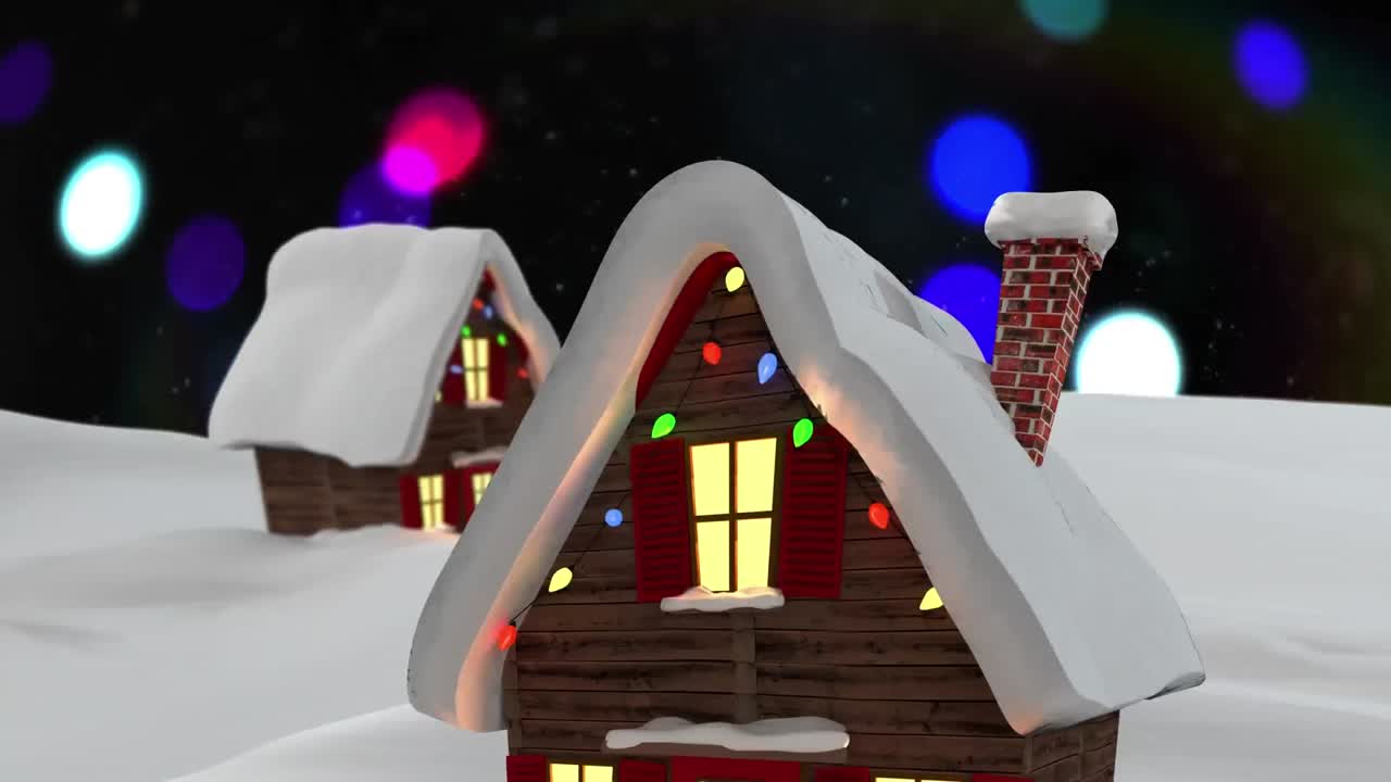 검은 배경에 빛의 다채로운 반점에 대항하여 겨울 풍경에 여러 집