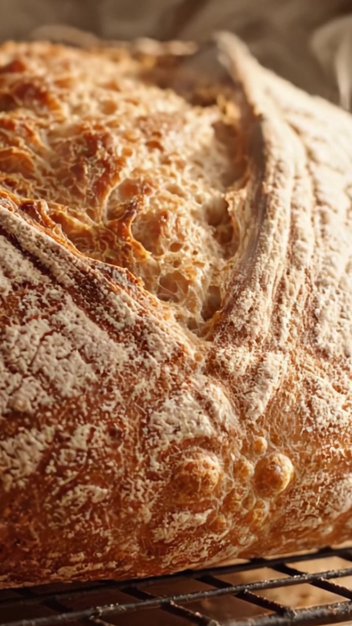 A Beautifully Baked Loaf of Artisan Bread Fresh from the Oven, Showcasing Its Crusty Texture and Rustic Appearance in a Warm Kitchen Setting