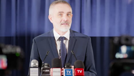 senior politician talking with tv journalists