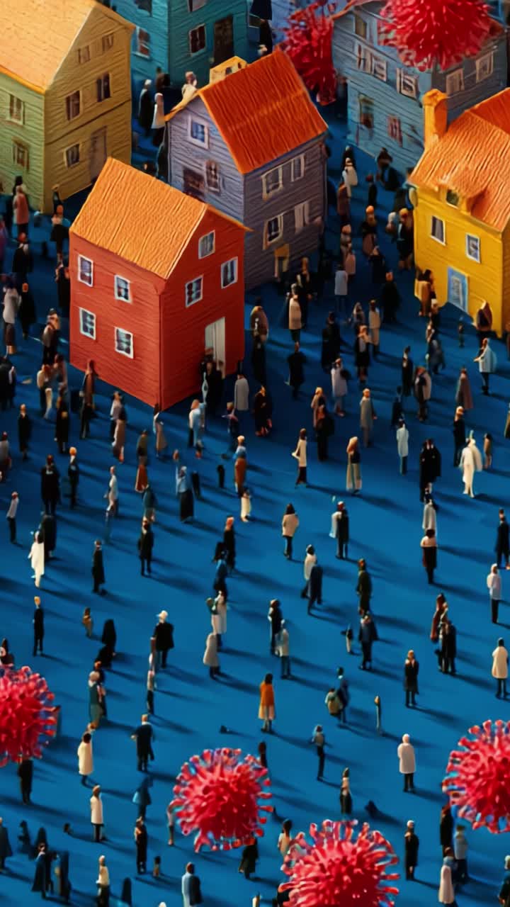 Scena vivace di case colorate circondate da folle di persone e grandi strutture simili a virus, che raffigura un ambiente urbano dinamico e l'interazione sociale
