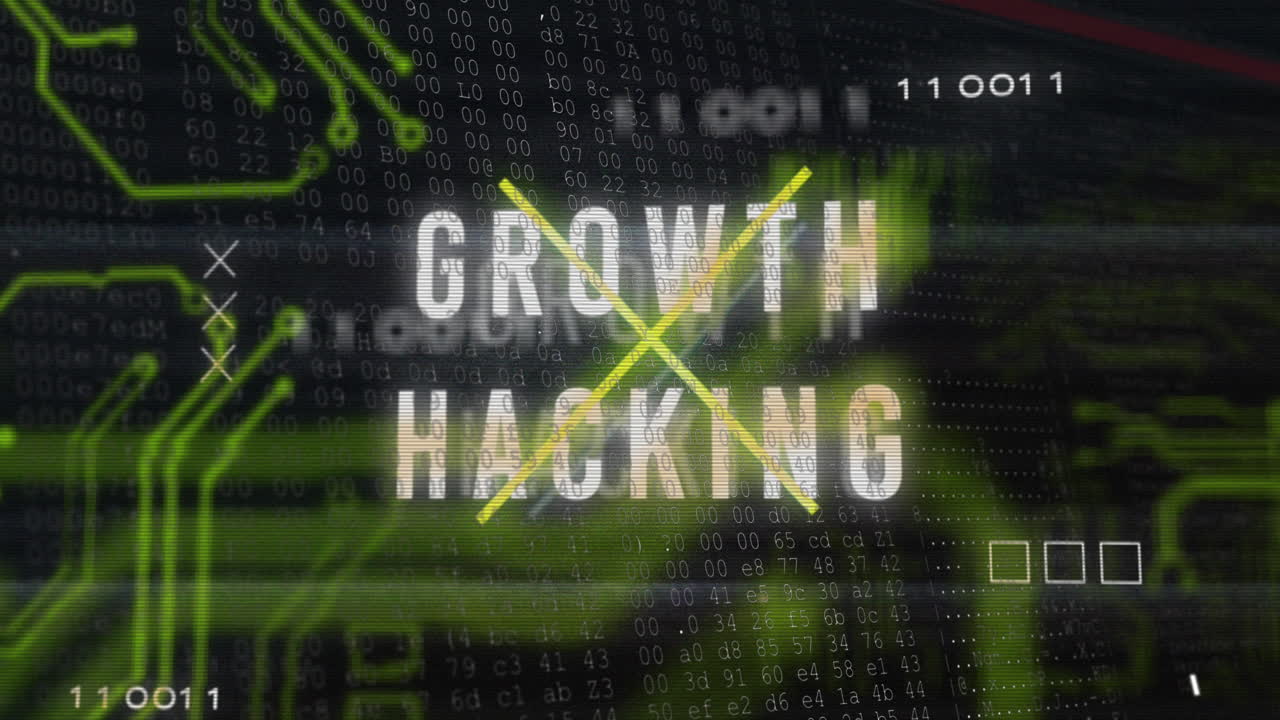Animation of growth hacking text banner over microprocessor connections and binary coding