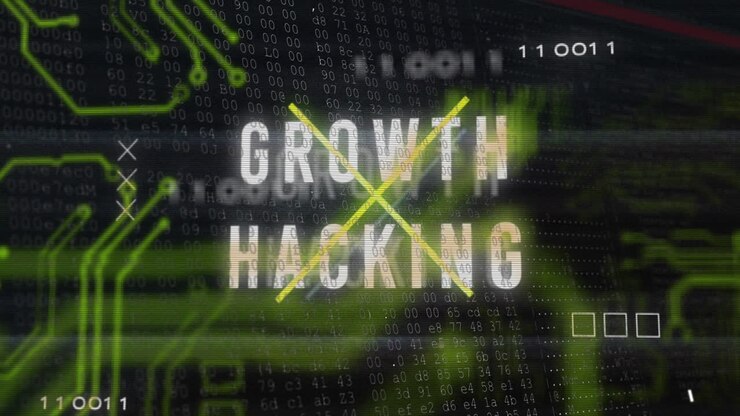 Animation of growth hacking text banner over microprocessor connections and binary coding