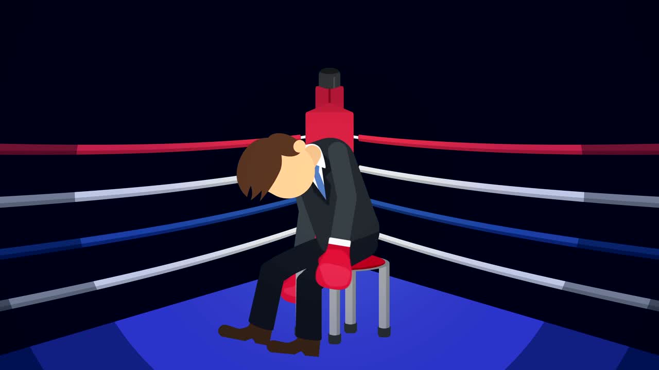 비즈니스맨 전투에서 복싱 장갑에서 패배하는 비즈니스 경쟁 개념 평평한 스타일의 루프 일러스트레이션